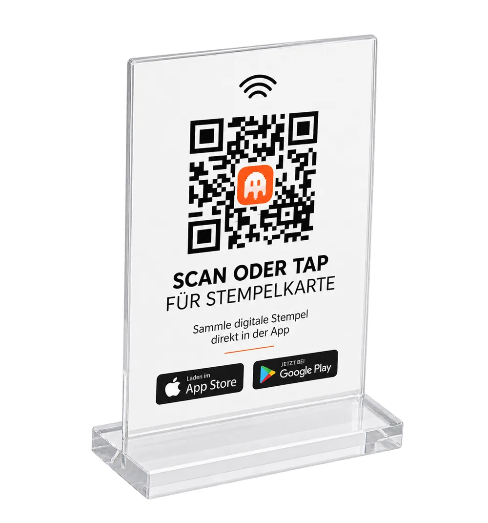Transparent display stand with QR code and NFC symbol for the digital stamp card